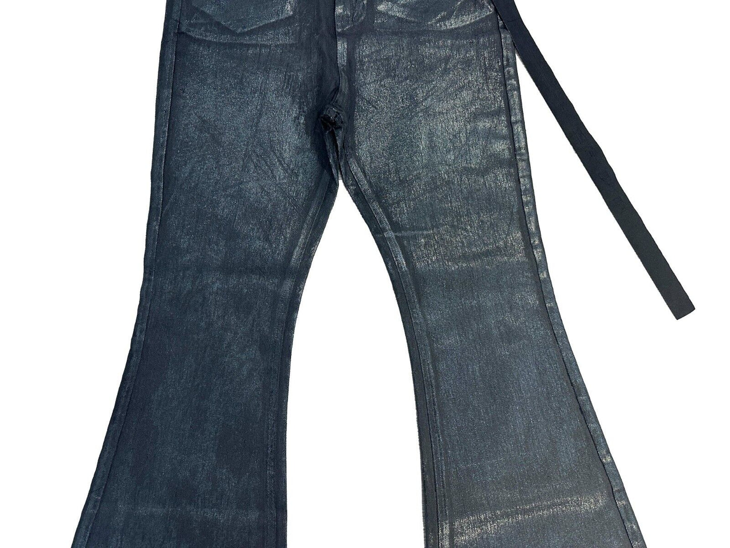 Rick Owen ACBT Dark Waxed Black Denim Pants – High Stretch Flared Wide-Leg Trousers - Size avaliable 28~34