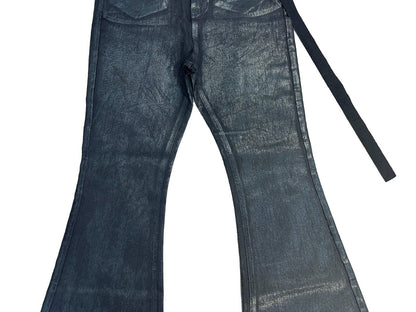 Rick Owen ACBT Dark Waxed Black Denim Pants – High Stretch Flared Wide-Leg Trousers - Size avaliable 28~34