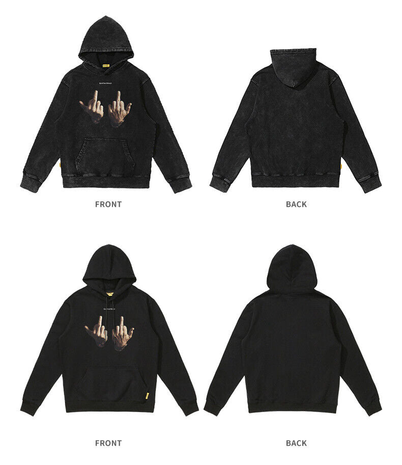 Rock Plan Cotton Hoodie Friendly Gesture Print Featuring Middle Finger Graphic