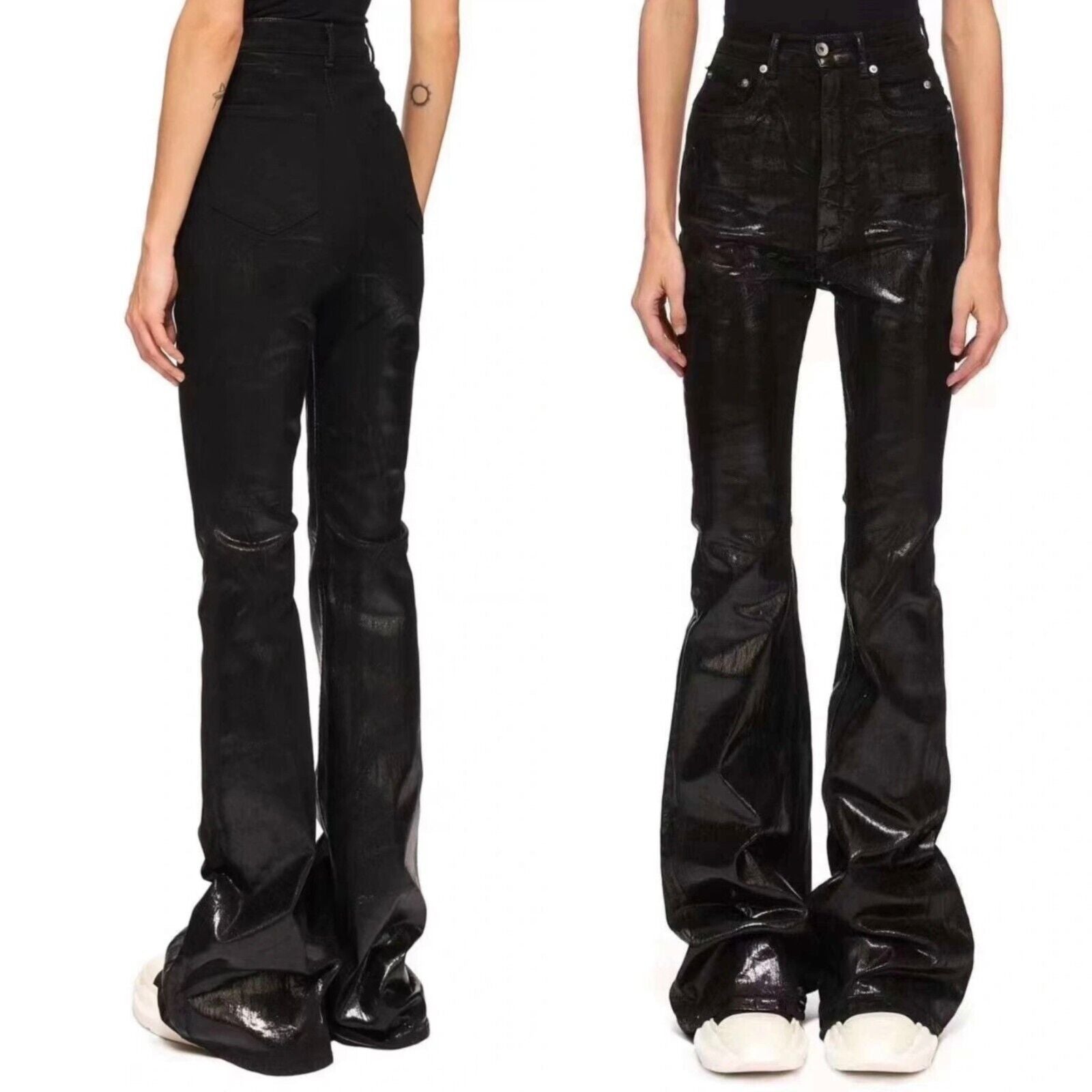 Rick Owen ACBT Dark Waxed Black Denim Pants – High Stretch Flared Wide-Leg Trousers - Size avaliable 28~34