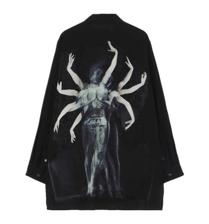 Yohji Yamamoto 23ss Asura Unisex Overlape Print Top Black Long Loose Shirt