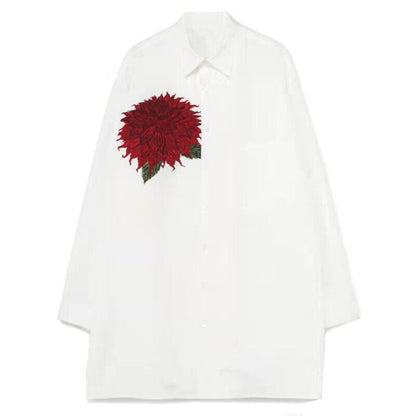 Yohji Yamamoto Red Dahlia Shirt Floral Embroidery Loose Fit Long Sleeve Shirt - White