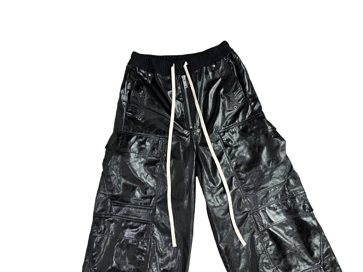 RO Metallic Coated Brushed Wax Glossy Pocket Straight Wide-Leg Flared Trousers - Size avaliable 46 48 50