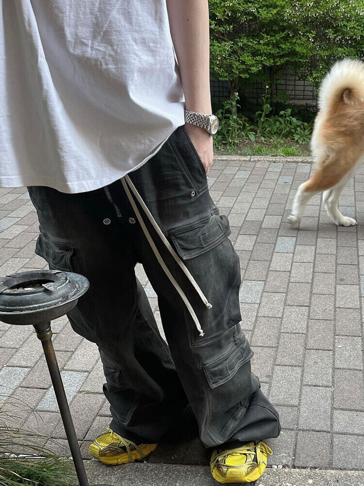 RO Rick Owens Washed Ash Gray Gradient Pocket Workwear Straight Wide Drawstring Jeans - Size avaliable S ~ L