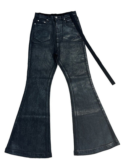 Rick Owen ACBT Dark Waxed Black Denim Pants – High Stretch Flared Wide-Leg Trousers - Size avaliable 28~34
