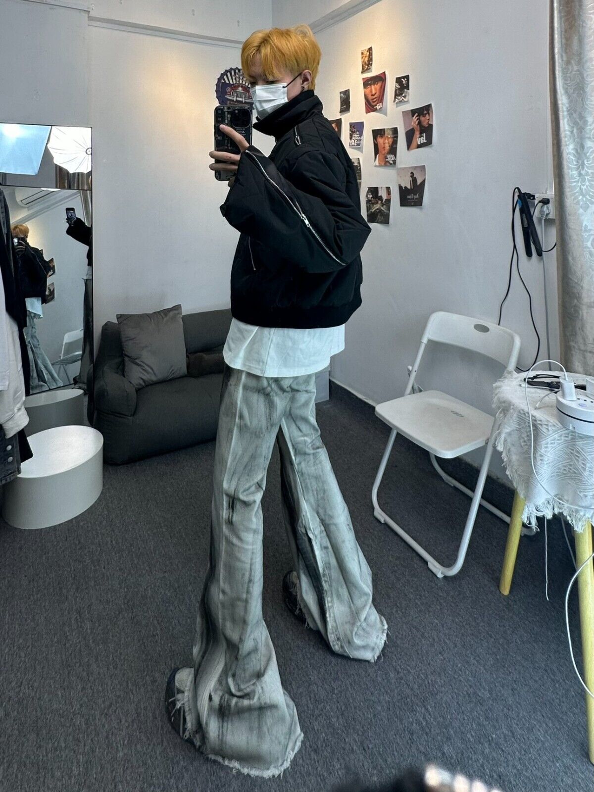 High Street RO Rick Owens Dirty Color Gradient Flare Jeans Distressed Retro Trousers - Size avaliable S ~ XXL