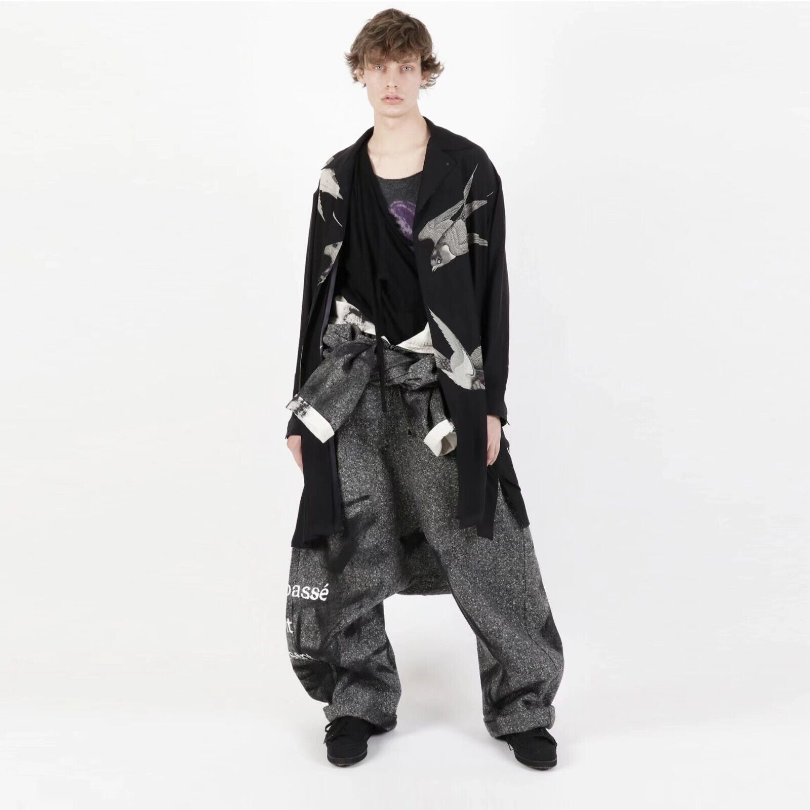 Yohji Yamamoto 21AW Dark Silk Swallow Print Back Patch Casual Shirt