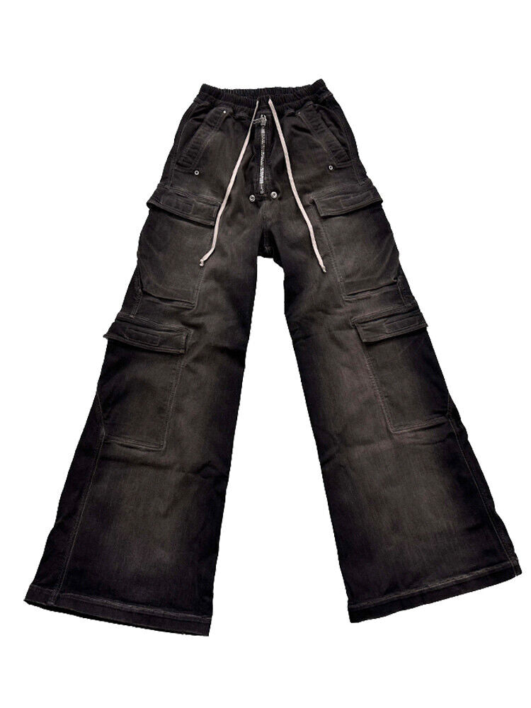 RO Rick Owens Washed Ash Gray Gradient Pocket Workwear Straight Wide Drawstring Jeans - Size avaliable S ~ L