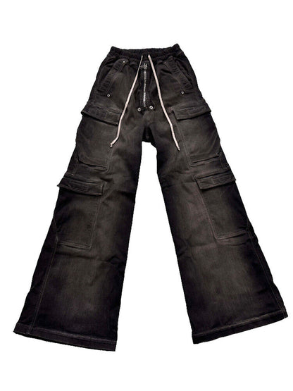 RO Rick Owens Washed Ash Gray Gradient Pocket Workwear Straight Wide Drawstring Jeans - Size avaliable S ~ L