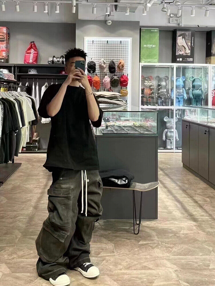 RO Rick Owens Washed Ash Gray Gradient Pocket Workwear Straight Wide Drawstring Jeans - Size avaliable S ~ L