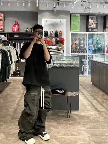 RO Rick Owens Washed Ash Gray Gradient Pocket Workwear Straight Wide Drawstring Jeans - Size avaliable S ~ L