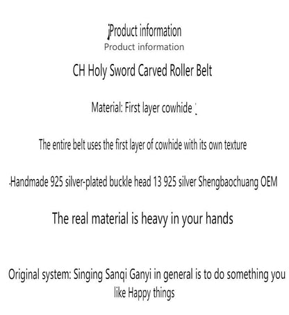 CH Ver Holy Sword Carved Roller Leather Belt Top Layer Cowhide 925 Silver-Plated
