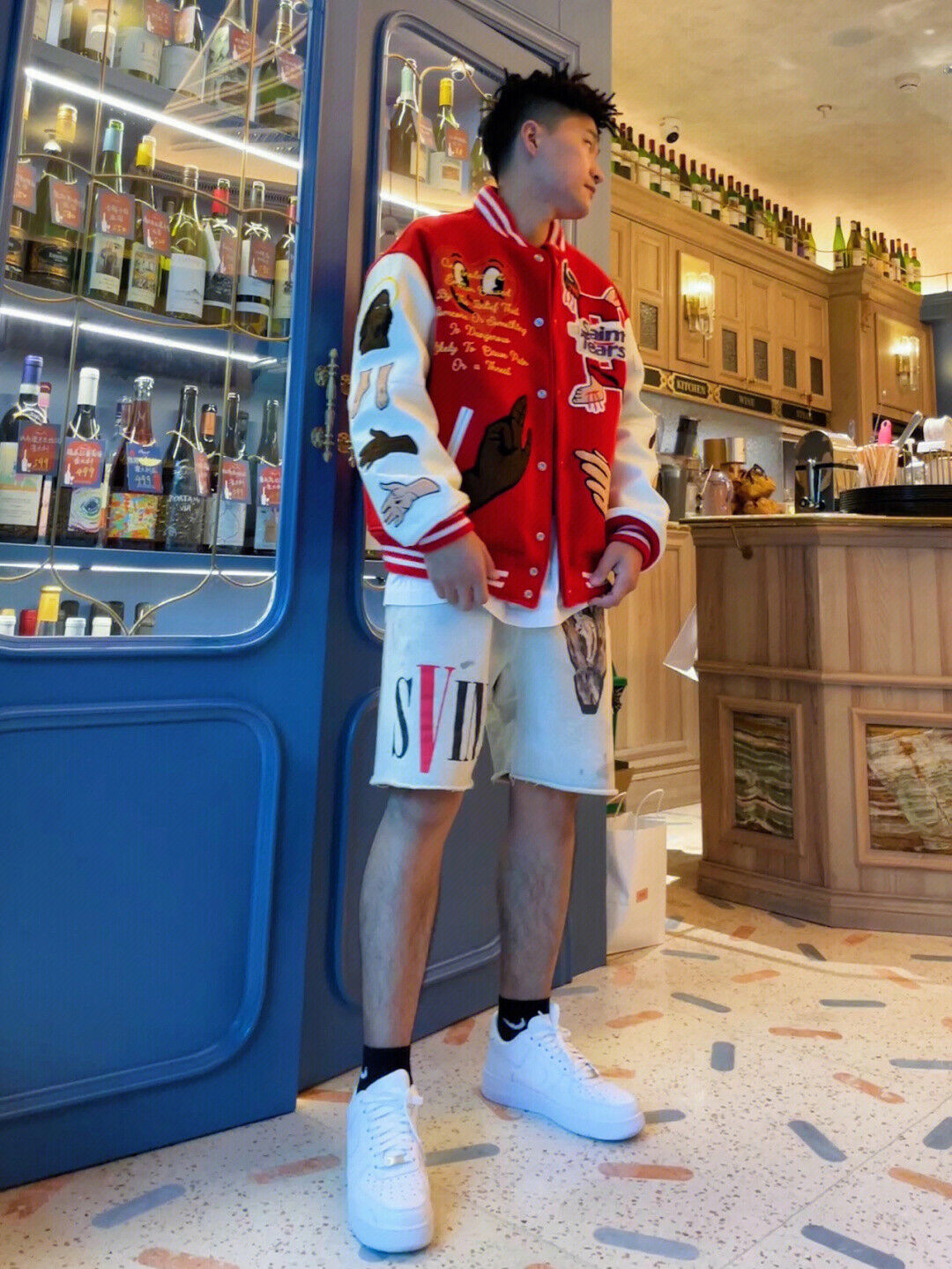 Saint Michael Casual Couple’s Baseball Jacket Red Embroidered Patch