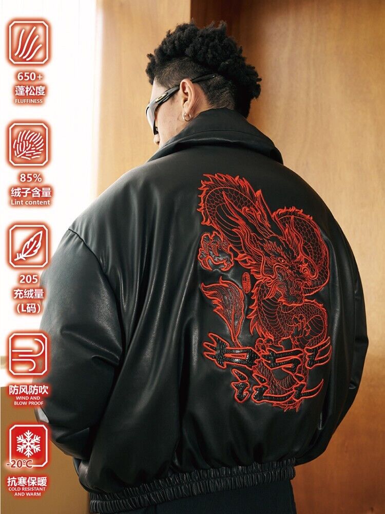 OSCill Oscillating Industries: Dragon Leather Silhouette Down Jacket Loose-Fit - Size avaliable S ~ L