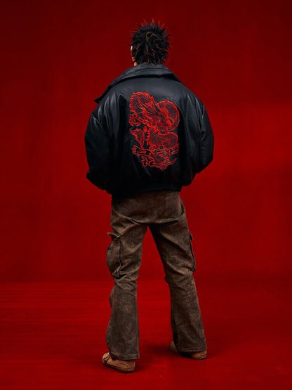 OSCill Oscillating Industries: Dragon Leather Silhouette Down Jacket Loose-Fit - Size avaliable S ~ L