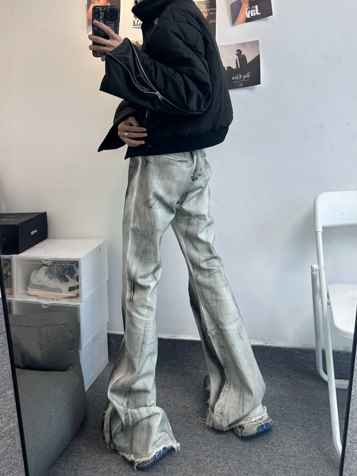High Street RO Rick Owens Dirty Color Gradient Flare Jeans Distressed Retro Trousers - Size avaliable S ~ XXL