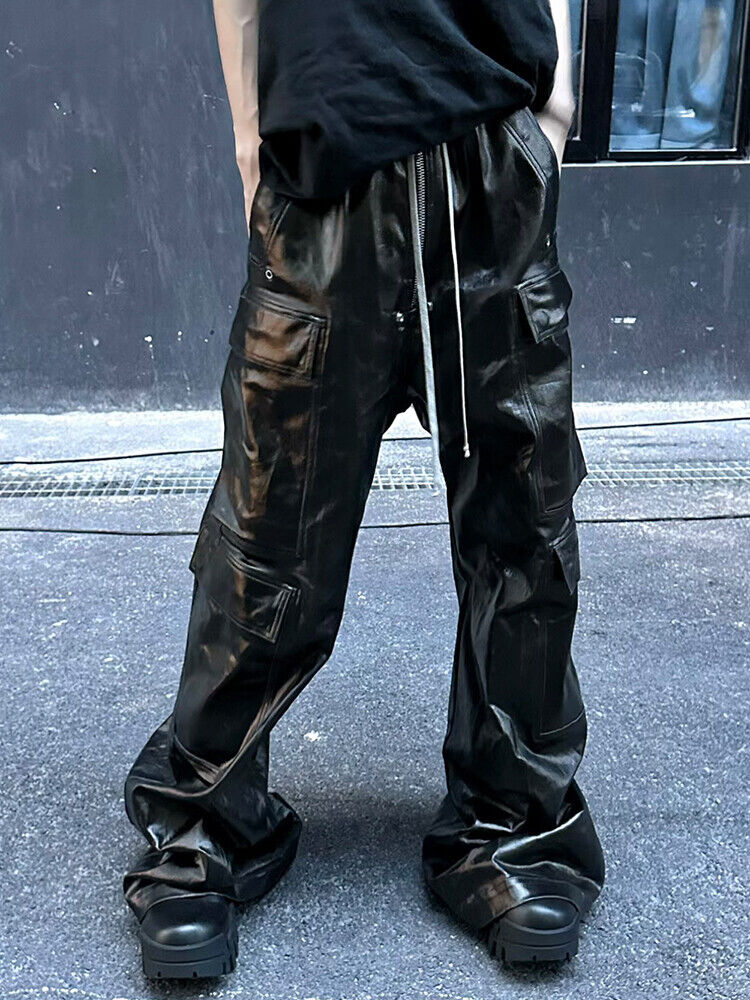 RO Metallic Coated Brushed Wax Glossy Pocket Straight Wide-Leg Flared Trousers - Size avaliable 46 48 50
