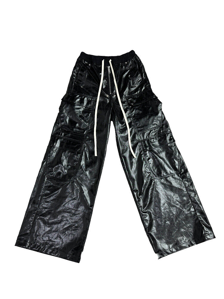 RO Metallic Coated Brushed Wax Glossy Pocket Straight Wide-Leg Flared Trousers - Size avaliable 46 48 50