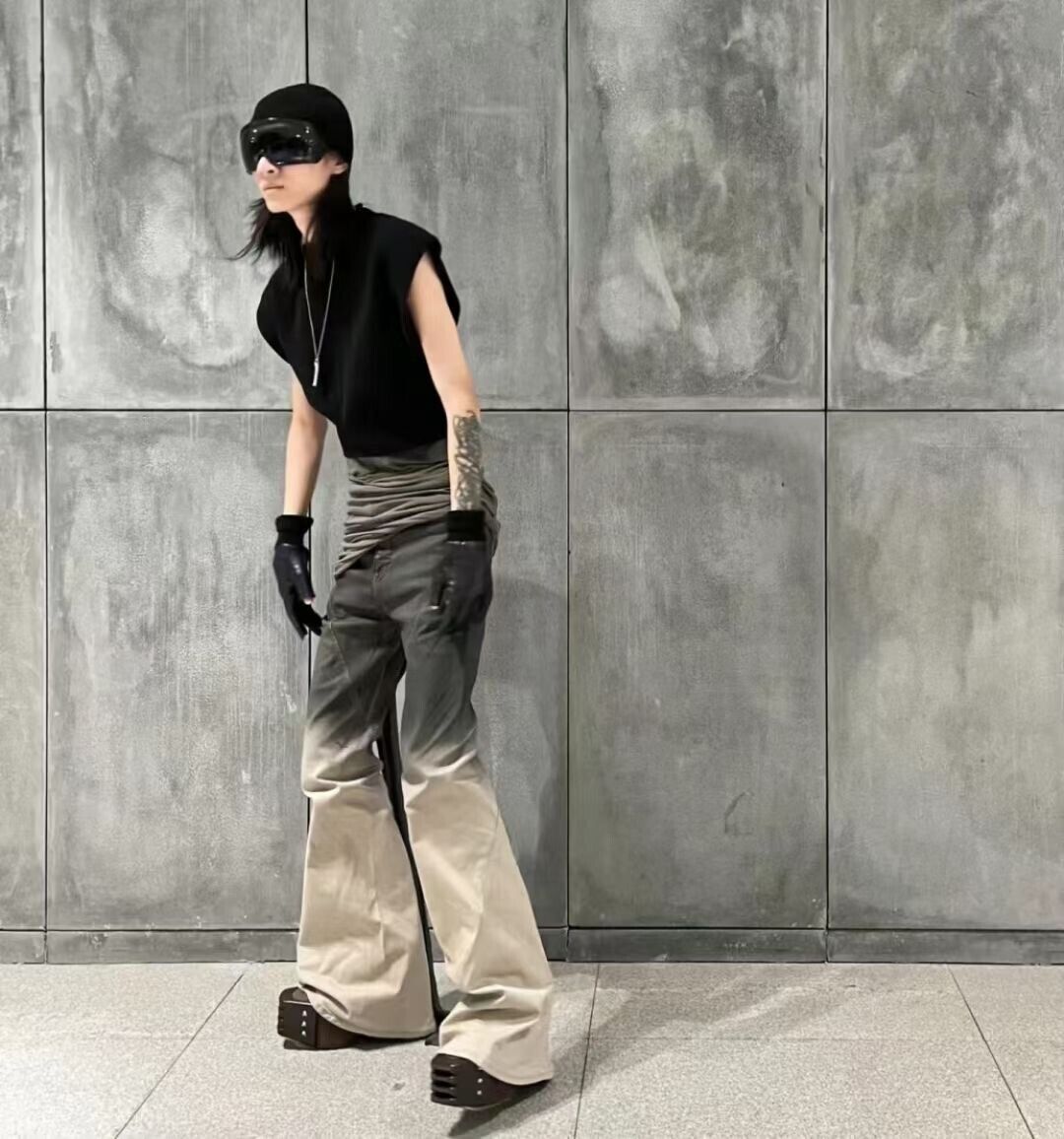 RO Gradient Flared Stacked Jeans - Rick Owen Mud Wash Darkwear Denim - donclickin