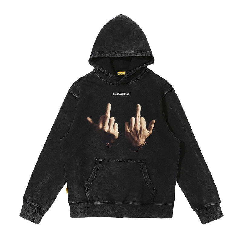 Rock Plan Cotton Hoodie Friendly Gesture Print Featuring Middle Finger Graphic