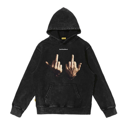 Rock Plan Cotton Hoodie Friendly Gesture Print Featuring Middle Finger Graphic