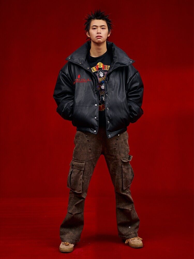 OSCill Oscillating Industries: Dragon Leather Silhouette Down Jacket Loose-Fit - Size avaliable S ~ L
