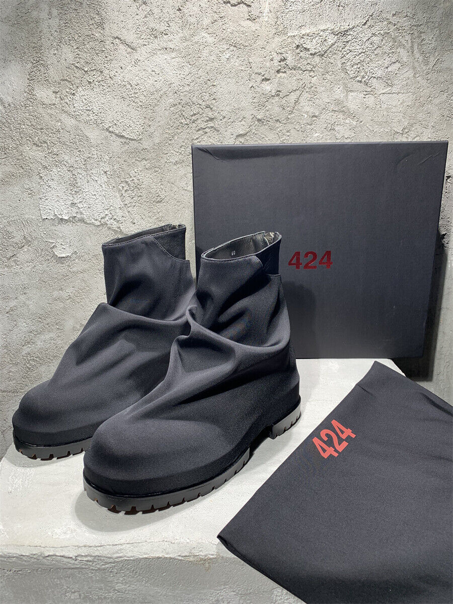 424 on Fairfax Crinkled Canvas Zip High-Top Retro Leather Thick-Soled Short Boot - Canvas Size 38~45