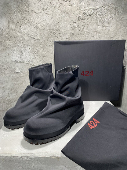 424 on Fairfax Crinkled Canvas Zip High-Top Retro Leather Thick-Soled Short Boot - Canvas Size 38~45