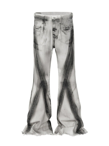 High Street RO Rick Owens Dirty Color Gradient Flare Jeans Distressed Retro Trousers - Size avaliable S ~ XXL