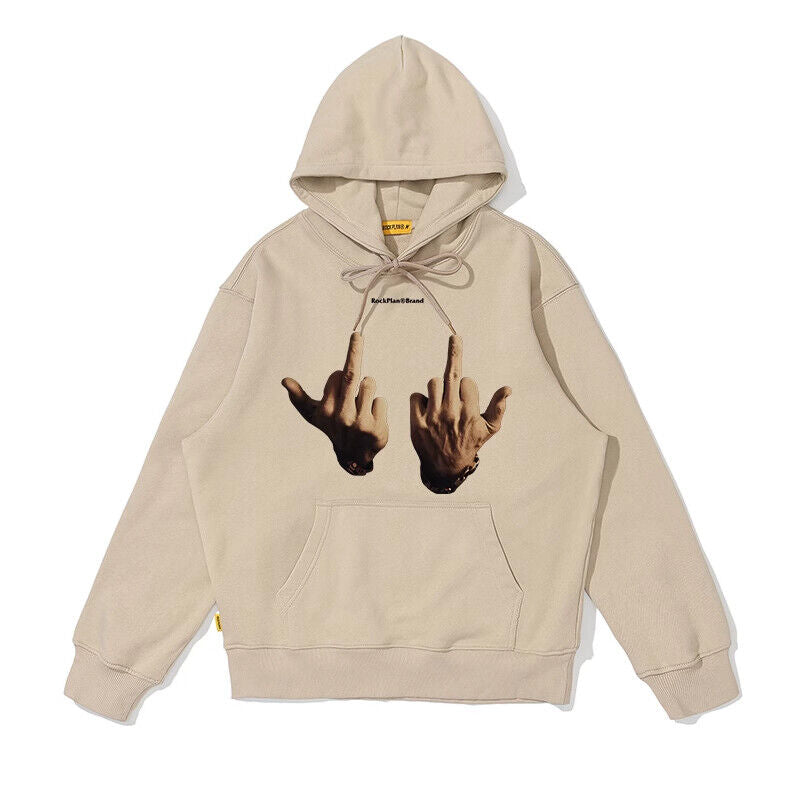 Rock Plan Cotton Hoodie Friendly Gesture Print Featuring Middle Finger Graphic