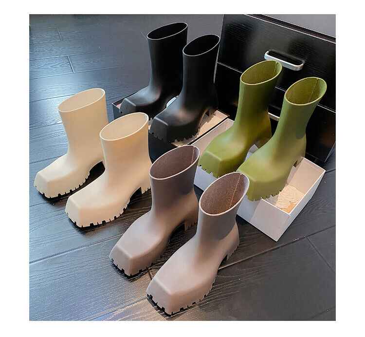 Parisian Rain Boots Square Toe High Tube Thick-soled Shoes Waterproof Non-slip