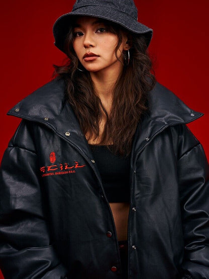 OSCill Oscillating Industries: Dragon Leather Silhouette Down Jacket Loose-Fit - Size avaliable S ~ L