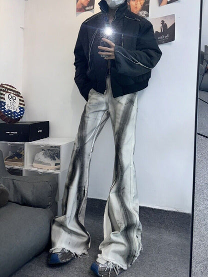 High Street RO Rick Owens Dirty Color Gradient Flare Jeans Distressed Retro Trousers - Size avaliable S ~ XXL