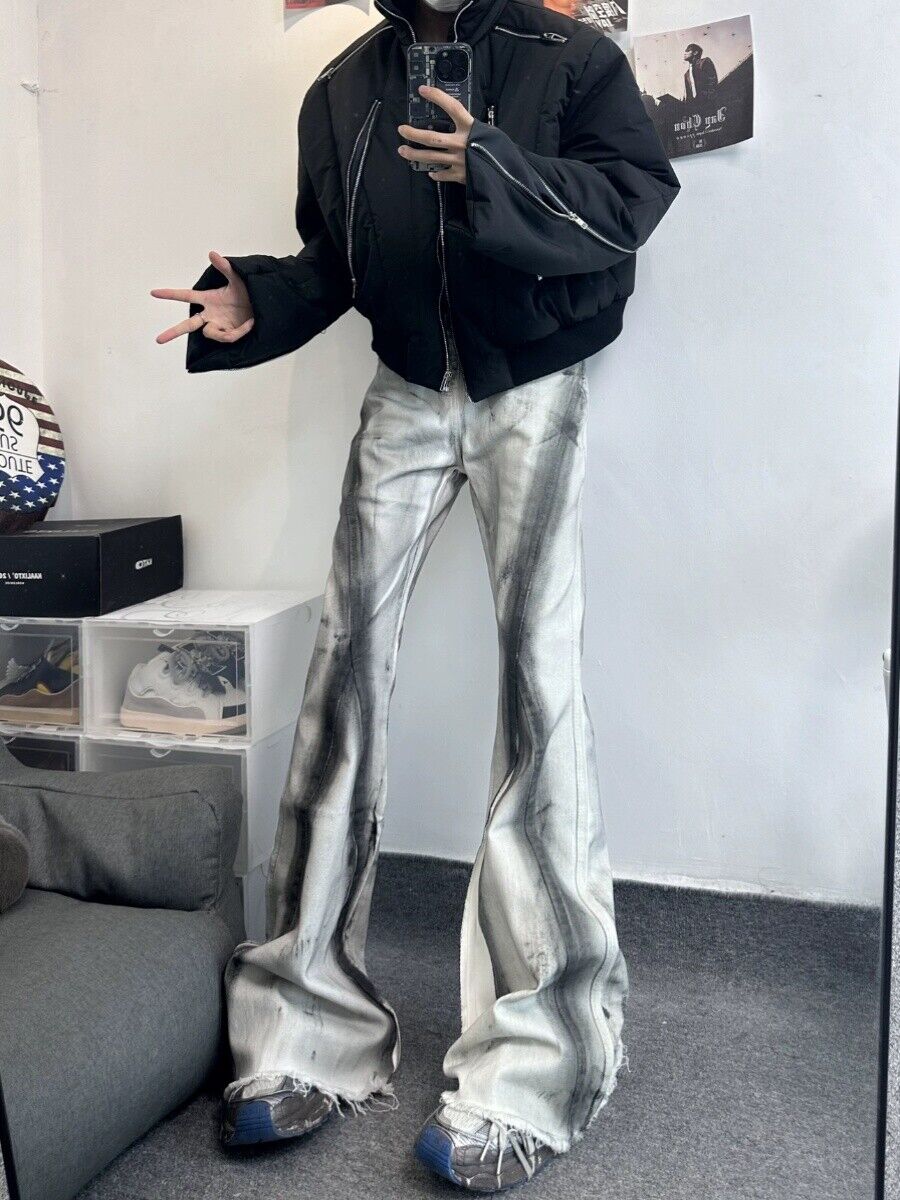 High Street RO Rick Owens Dirty Color Gradient Flare Jeans Distressed Retro Trousers - Size avaliable S ~ XXL