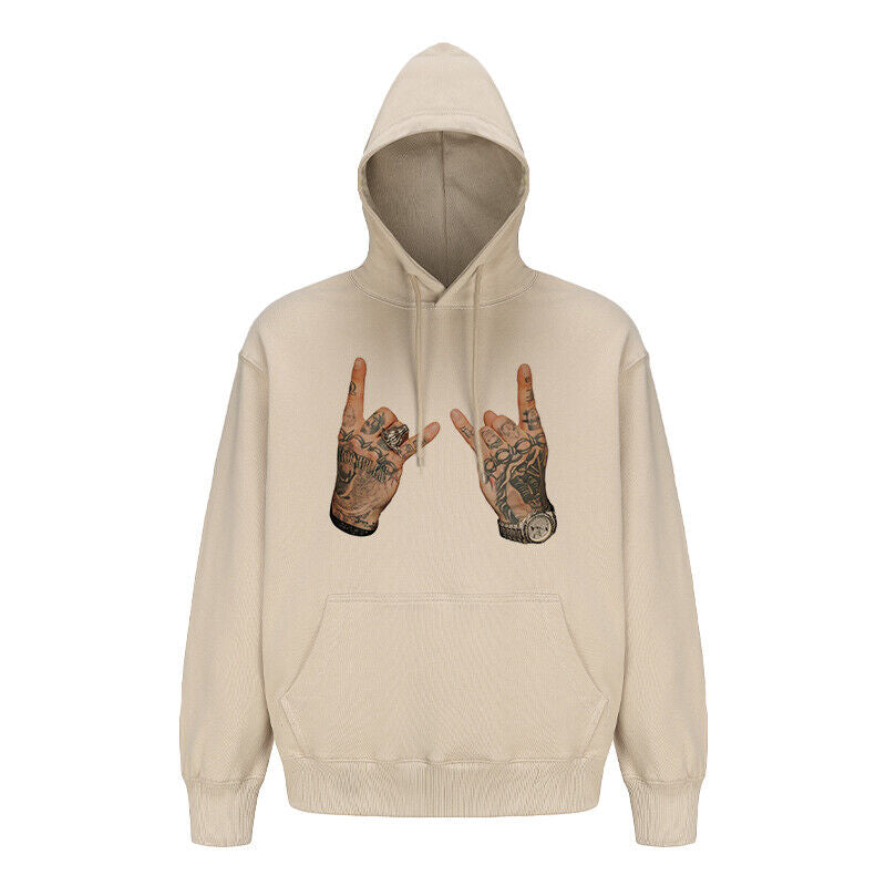 Rock Plan Cotton Hoodie Friendly Gesture Print Featuring Middle Finger Graphic