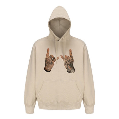 Rock Plan Cotton Hoodie Friendly Gesture Print Featuring Middle Finger Graphic