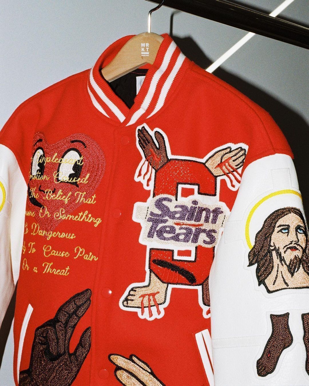 Saint Michael Casual Couple’s Baseball Jacket Red Embroidered Patch