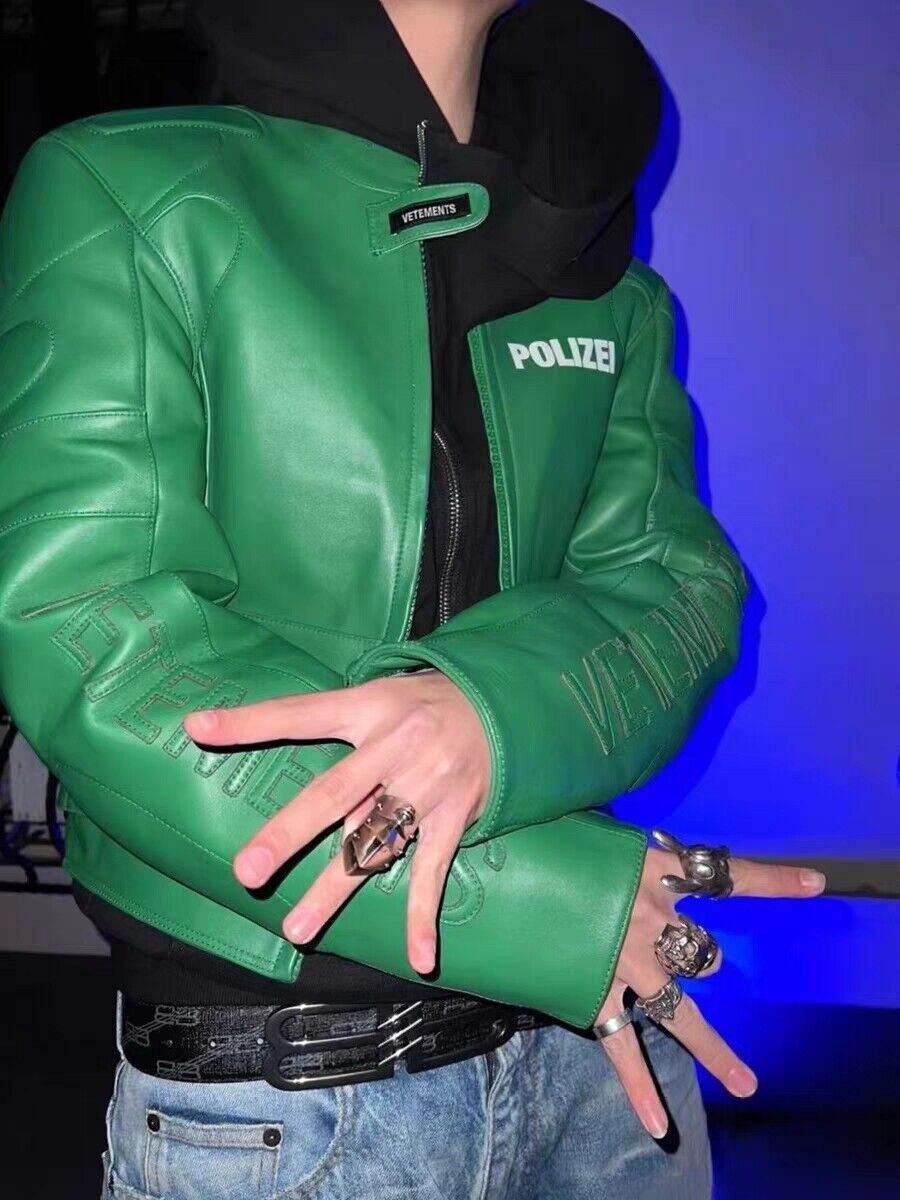 Vetements Motorcycle Leather Jacket Polizei Wild Man Biker Letter Print