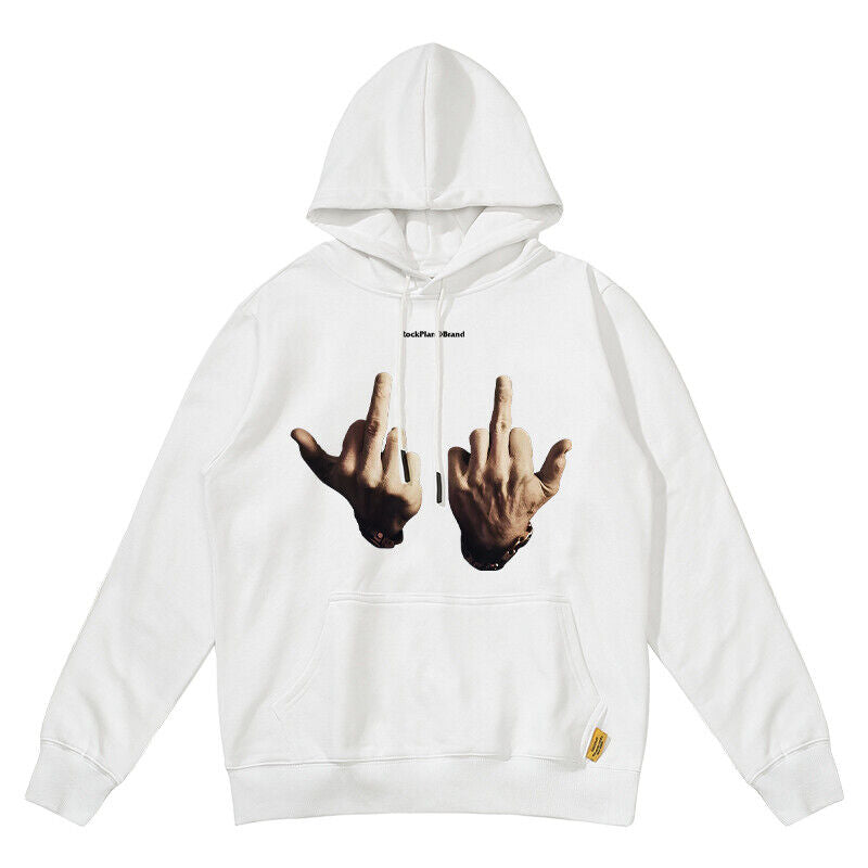 Rock Plan Cotton Hoodie Friendly Gesture Print Featuring Middle Finger Graphic