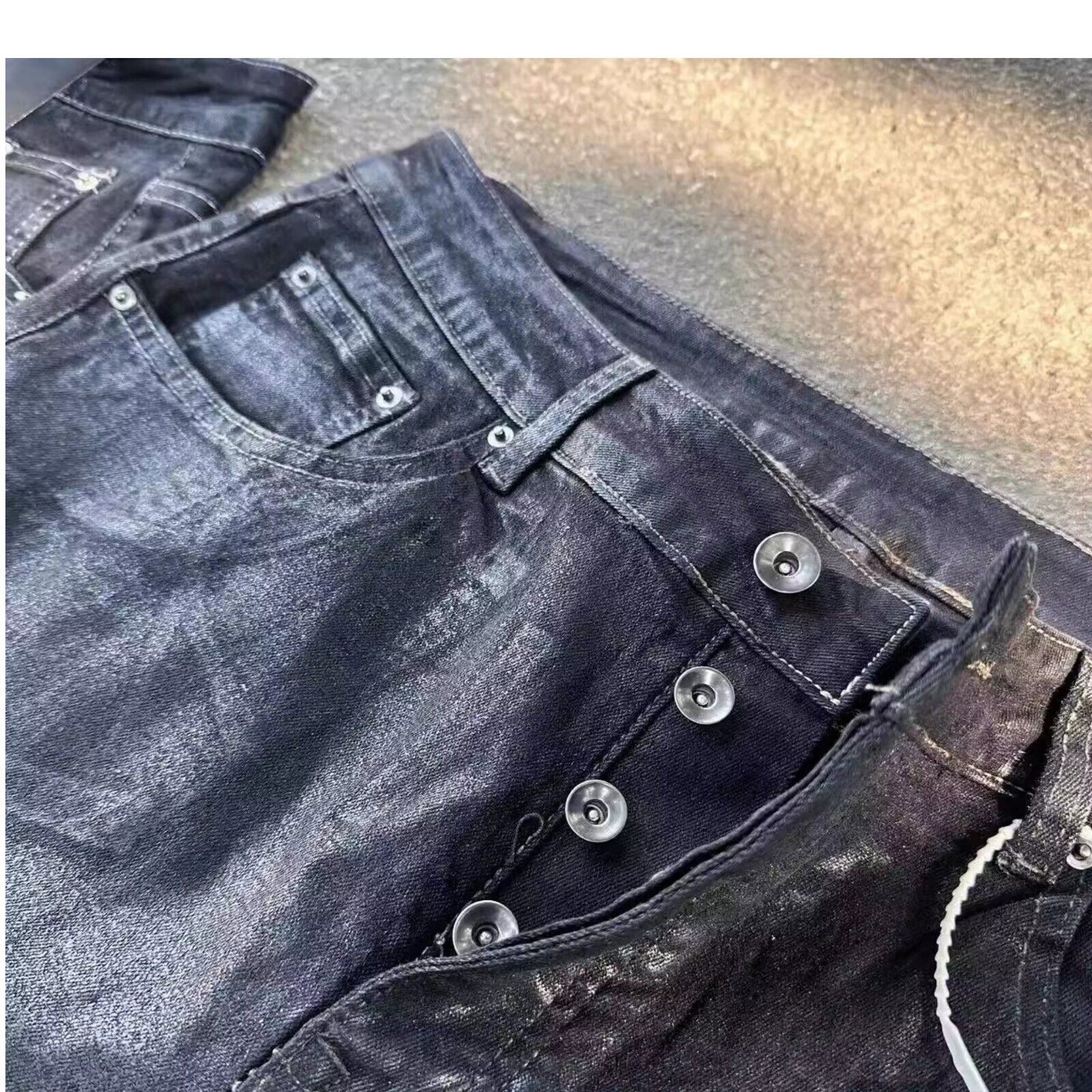 RO Rick Owen Wax-Coated Handcrafted Denim Jeans Slim Flare Stretch Leanfit Wokkvibe 91YI