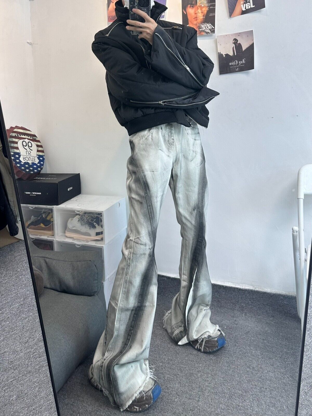 High Street RO Rick Owens Dirty Color Gradient Flare Jeans Distressed Retro Trousers - Size avaliable S ~ XXL