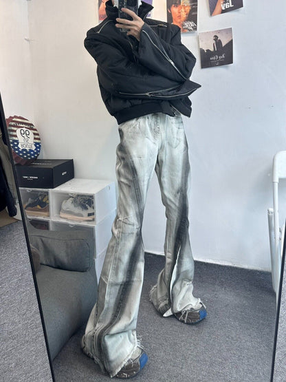 High Street RO Rick Owens Dirty Color Gradient Flare Jeans Distressed Retro Trousers - Size avaliable S ~ XXL