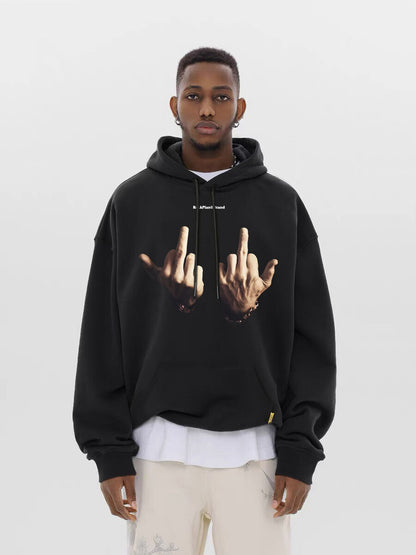 Rock Plan Cotton Hoodie Friendly Gesture Print Featuring Middle Finger Graphic