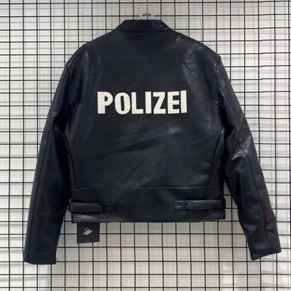 Vetements Motorcycle Leather Jacket Polizei Wild Man Biker Letter Print
