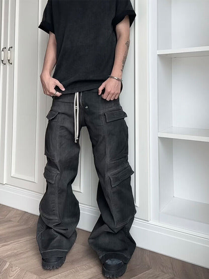RO Rick Owens Washed Ash Gray Gradient Pocket Workwear Straight Wide Drawstring Jeans - Size avaliable S ~ L