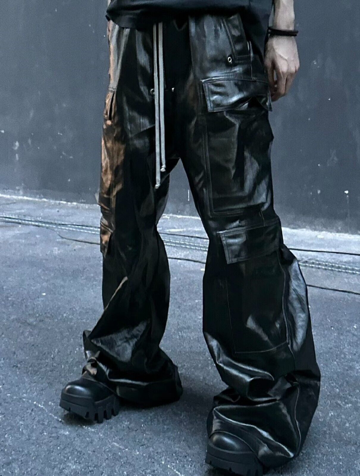 RO Metallic Coated Brushed Wax Glossy Pocket Straight Wide-Leg Flared Trousers - Size avaliable 46 48 50