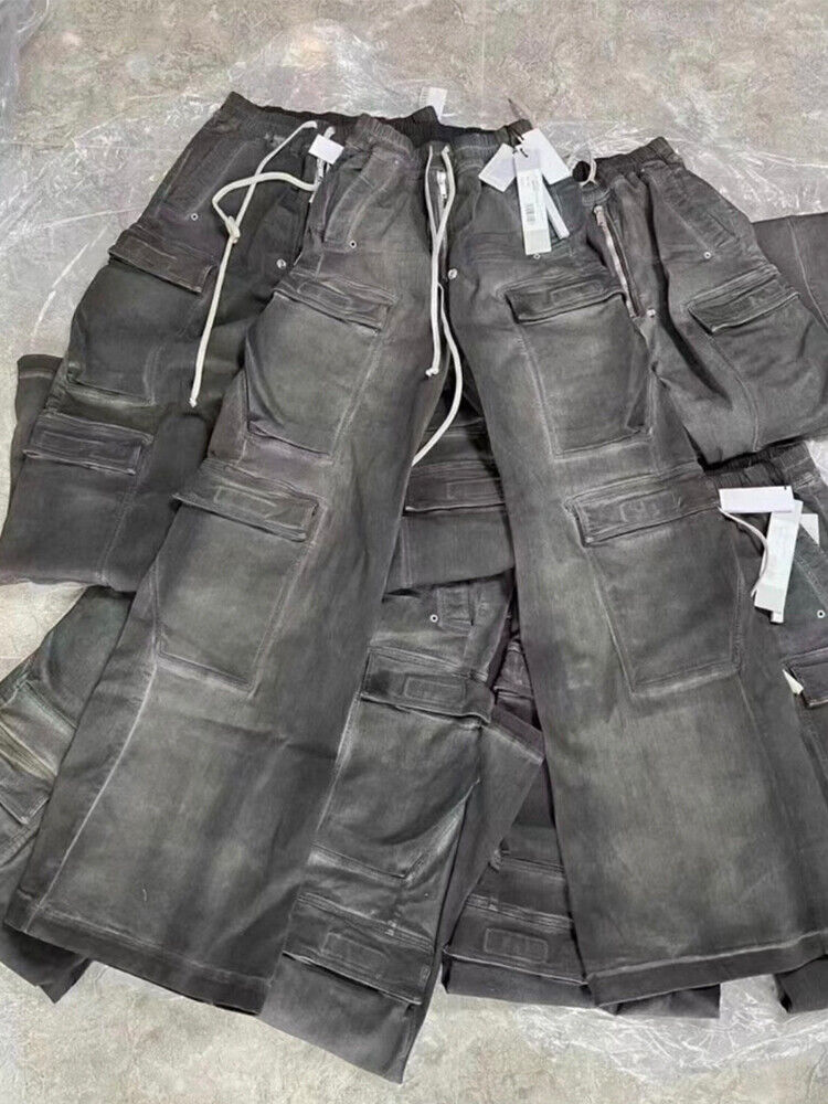 RO Rick Owens Washed Ash Gray Gradient Pocket Workwear Straight Wide Drawstring Jeans - Size avaliable S ~ L