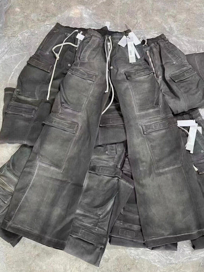 RO Rick Owens Washed Ash Gray Gradient Pocket Workwear Straight Wide Drawstring Jeans - Size avaliable S ~ L