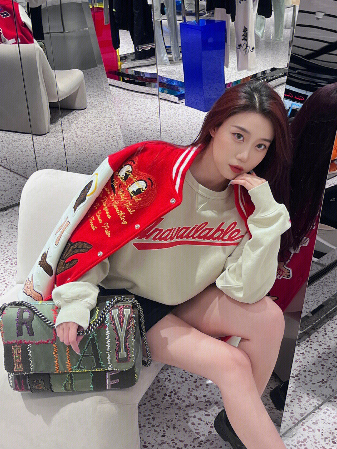 Saint Michael Casual Couple’s Baseball Jacket Red Embroidered Patch