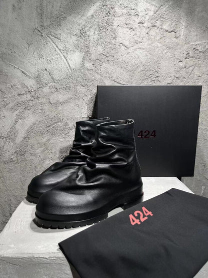 424 on Fairfax Crinkled Canvas Zip High-Top Retro Leather Thick-Soled Short Boot - Order with colors